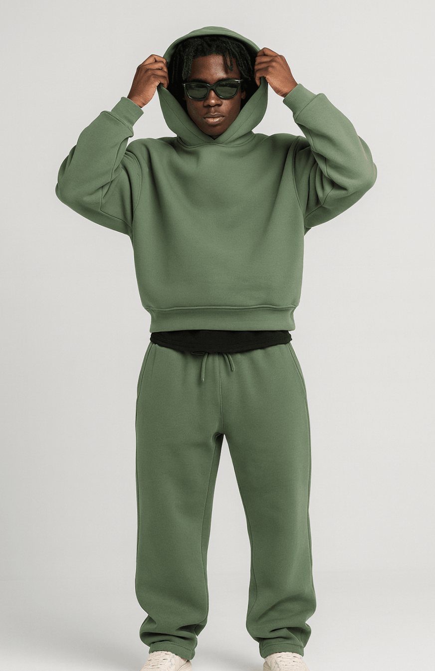 Men's Oversized Pullover Hoodie Jogger Tracksuit Set, Steel Blue - Army Green