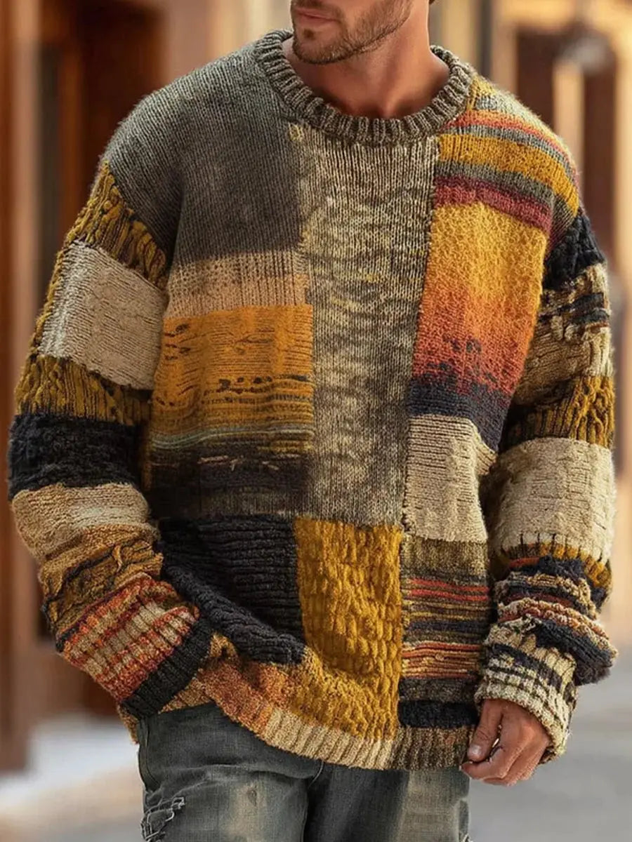 Men's Patchwork Colourblock Chunky Knit Sweater Pullover Jumper - Patchwork Colourblock