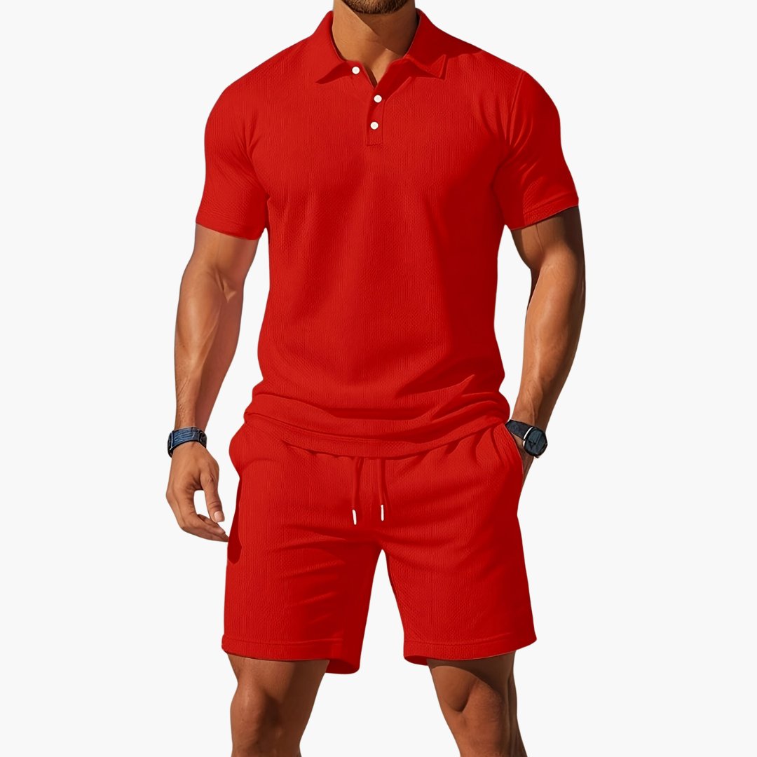Men's Polo Shirt & Shorts 2 Piece Set Summer Lounge - Red