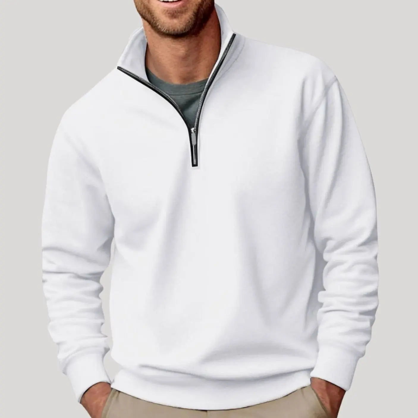 Men's Quarter-Zip Collar Sweatshirt Casual Relaxed Fit Pullover - White