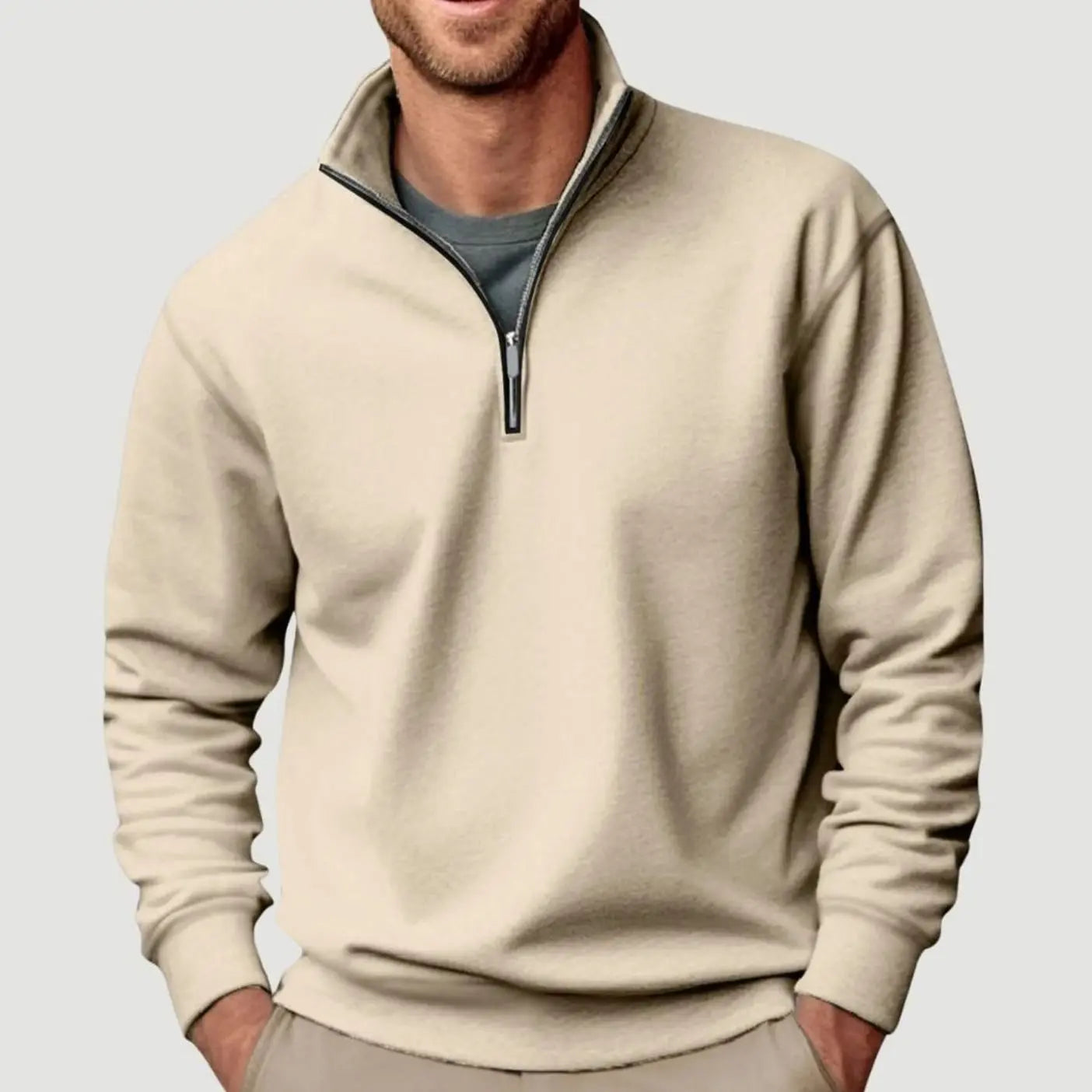 Men's Quarter-Zip Collar Sweatshirt Casual Relaxed Fit Pullover - Beige