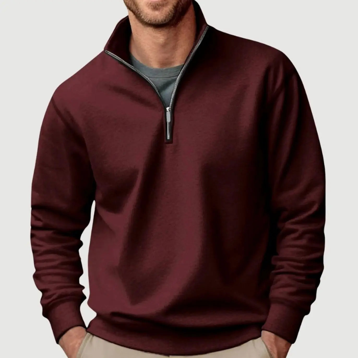 Men's Quarter-Zip Collar Sweatshirt Casual Relaxed Fit Pullover - Brown