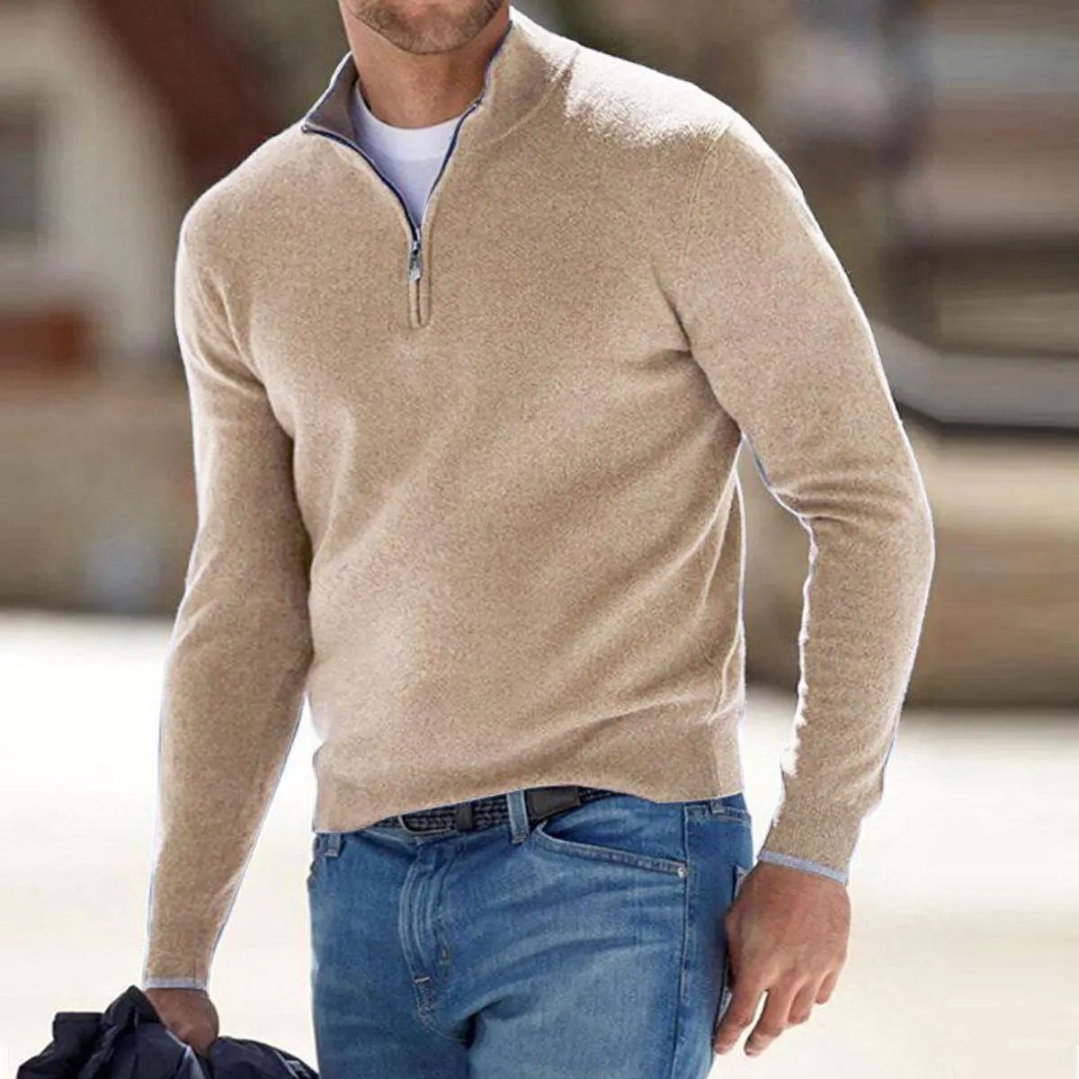 Men's Quarter-Zip Knit Sweater Ribbed Half-Zip Pullover Jumper - Beige