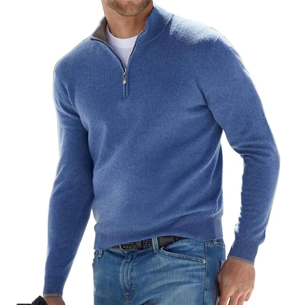 Men's Quarter-Zip Knit Sweater Ribbed Half-Zip Pullover Jumper - Blue