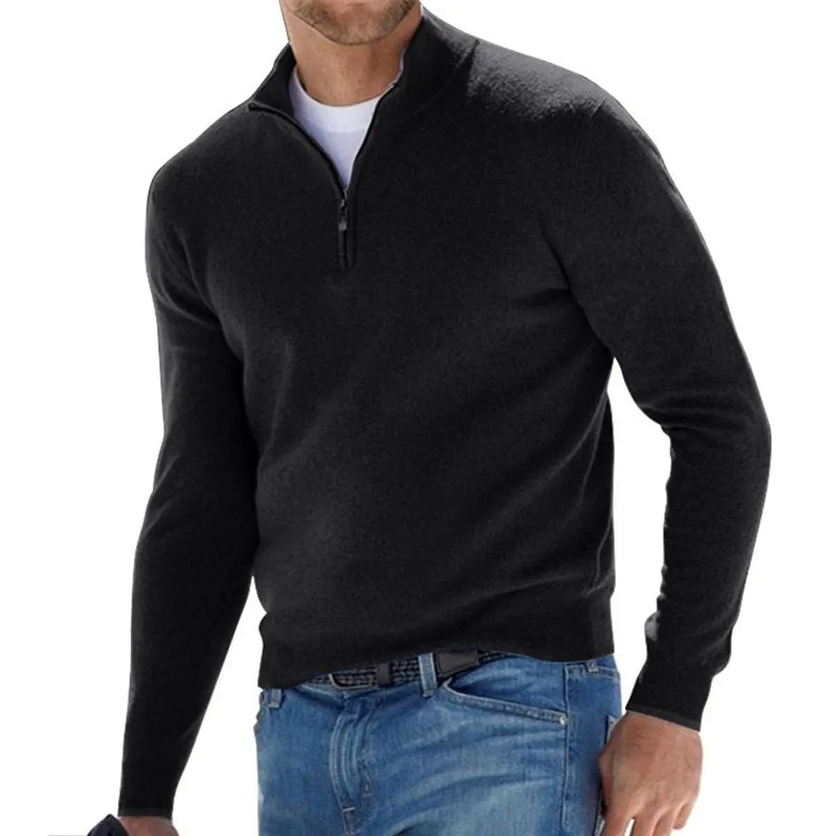 Men's Quarter-Zip Knit Sweater Ribbed Half-Zip Pullover Jumper - Black