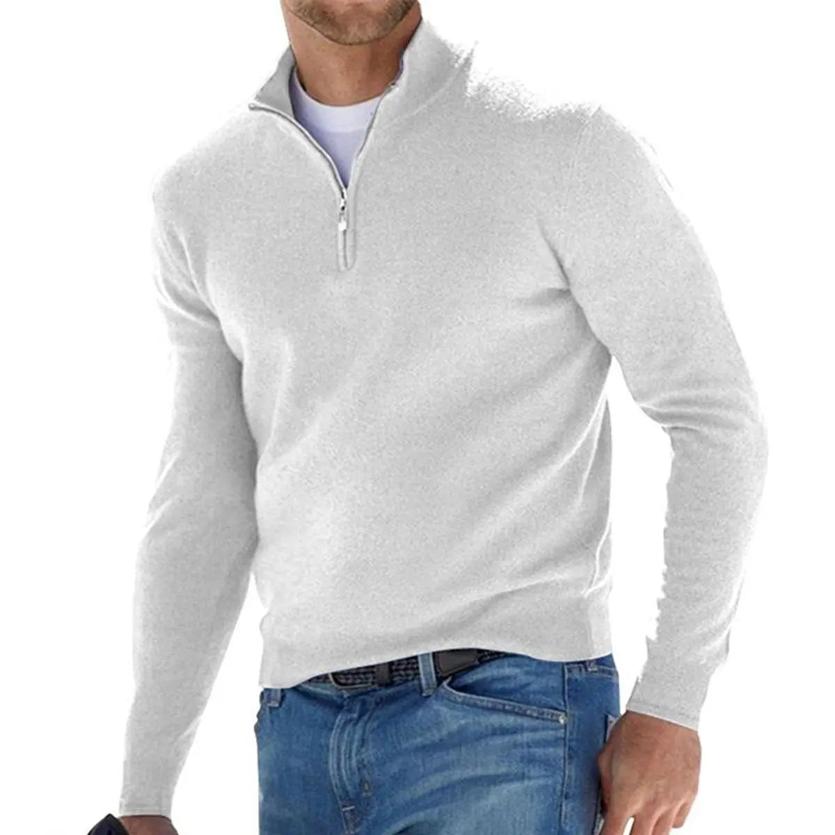Men's Quarter-Zip Knit Sweater Ribbed Half-Zip Pullover Jumper - White