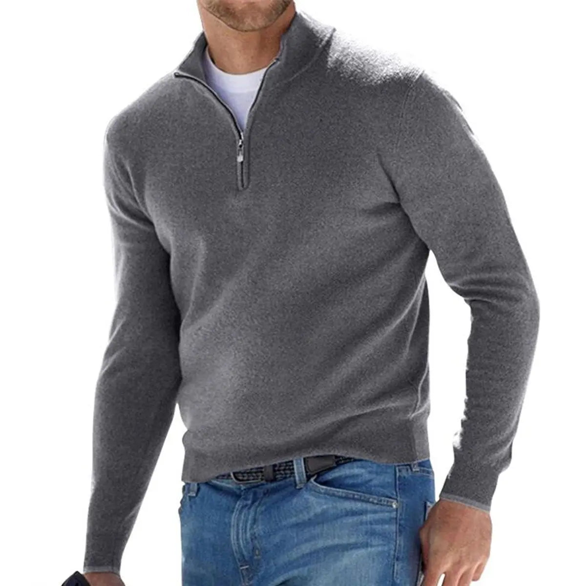 Men's Quarter-Zip Knit Sweater Ribbed Half-Zip Pullover Jumper - Grey