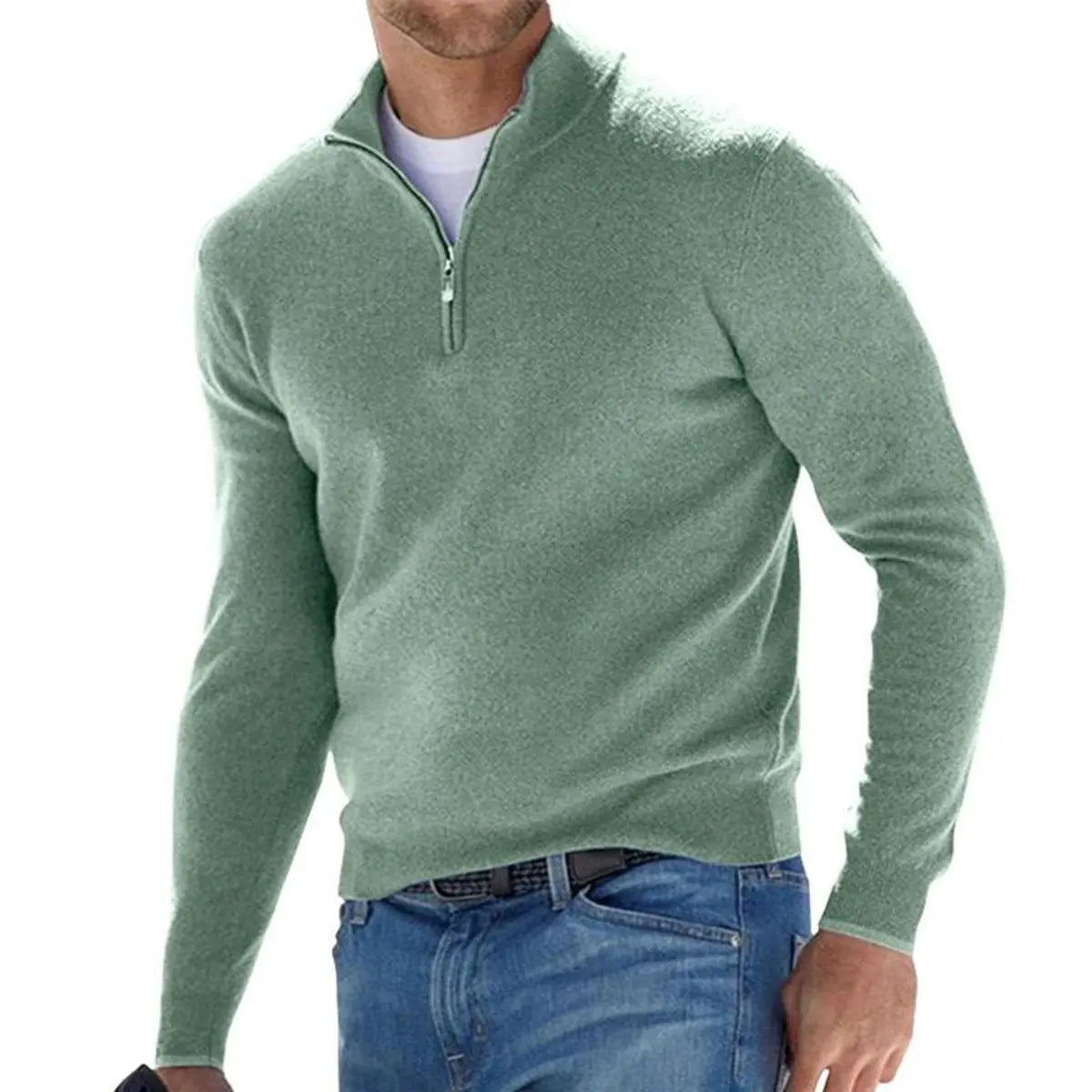 Men's Quarter-Zip Knit Sweater Ribbed Half-Zip Pullover Jumper - Green