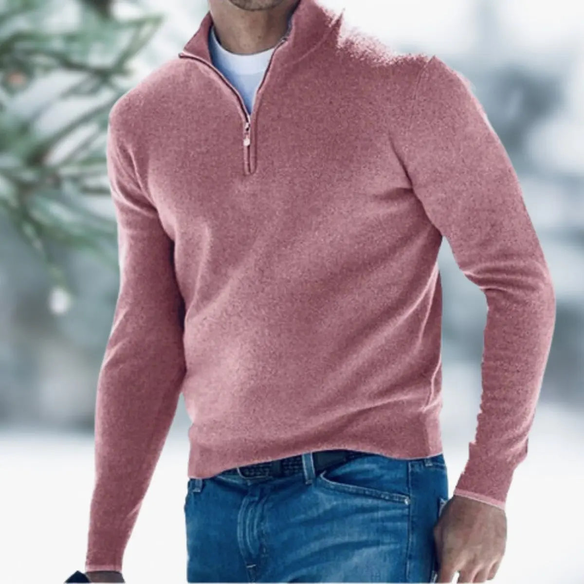 Men's Quarter-Zip Mens Knit Sweater Long Sleeve Pullover Jumper - Pink