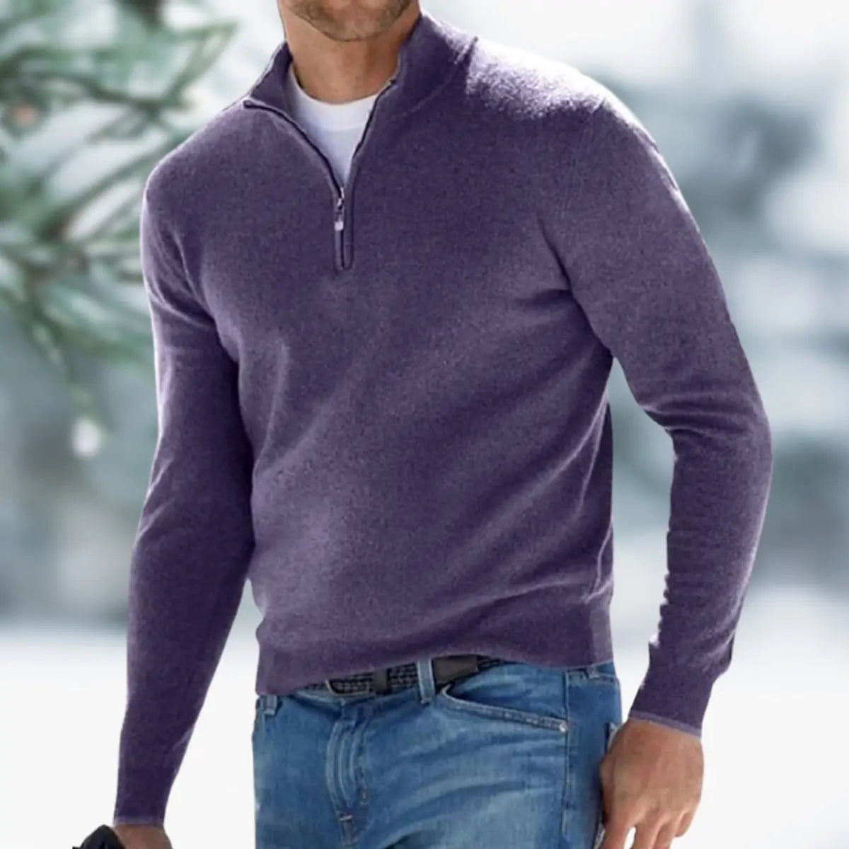 Men's Quarter-Zip Mens Knit Sweater Long Sleeve Pullover Jumper - Purple