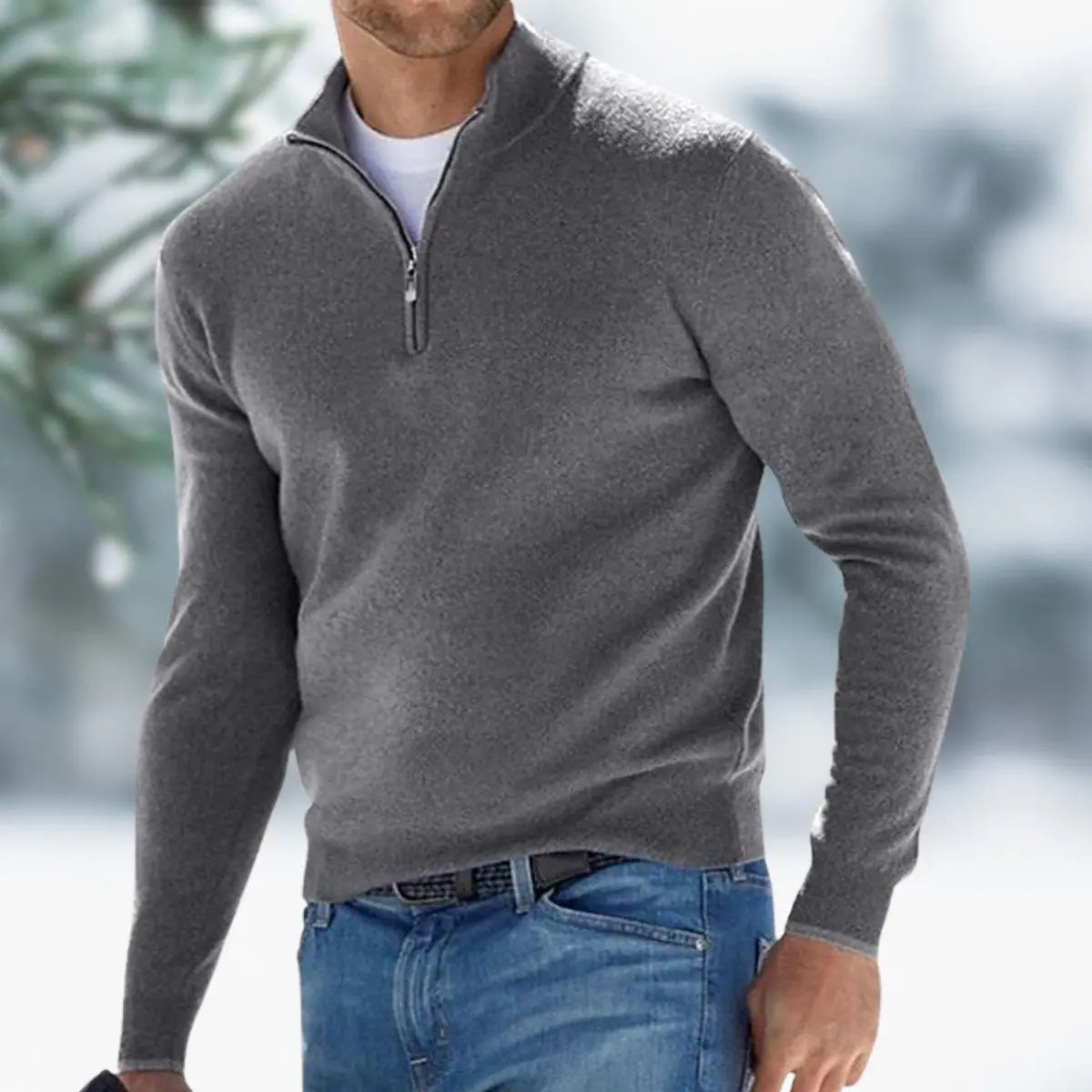 Men's Quarter-Zip Mens Knit Sweater Long Sleeve Pullover Jumper - Grey