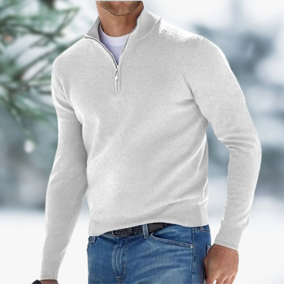 Men's Quarter-Zip Mens Knit Sweater Long Sleeve Pullover Jumper - White
