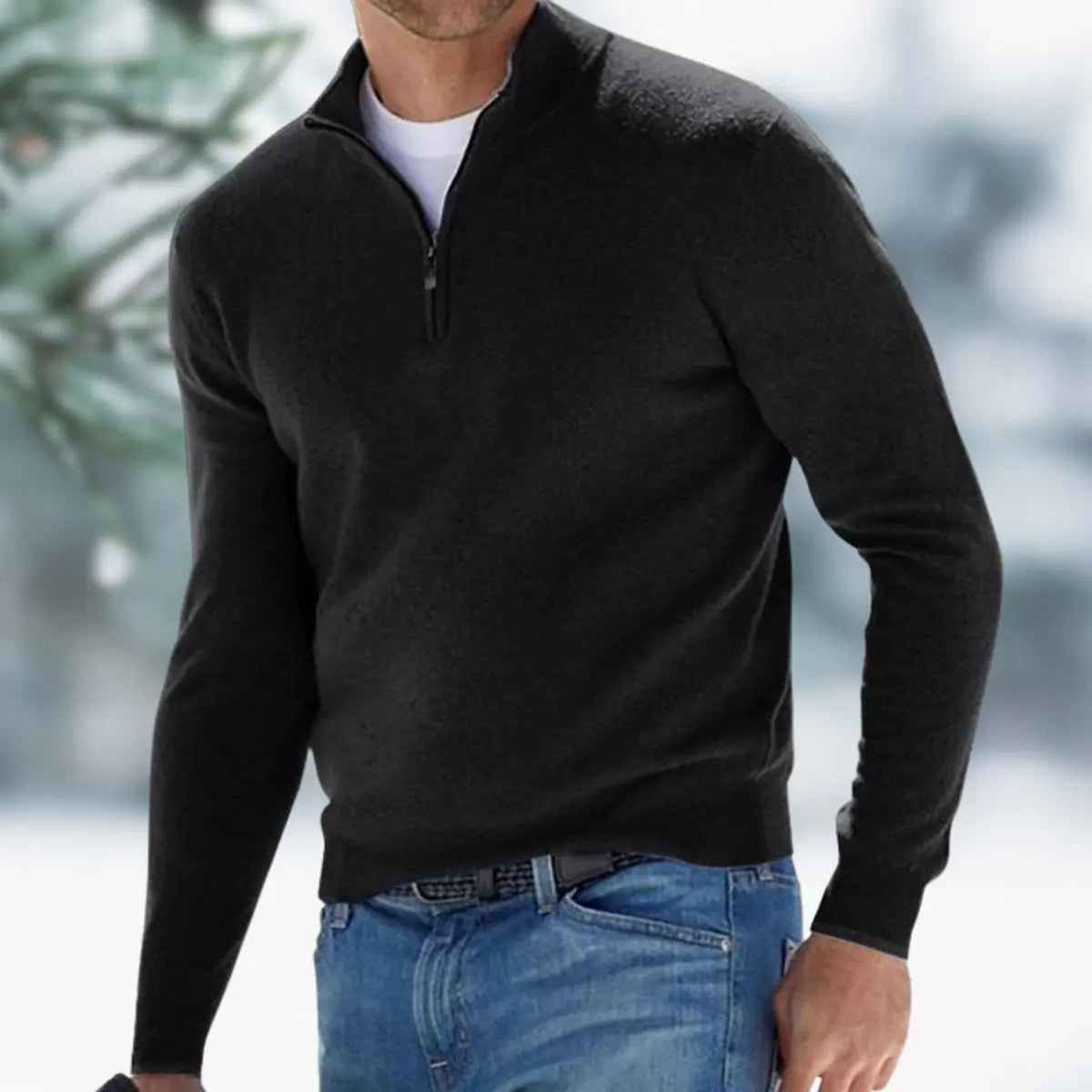 Men's Quarter-Zip Mens Knit Sweater Long Sleeve Pullover Jumper - Black