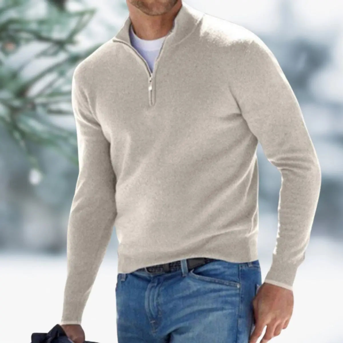 Men's Quarter-Zip Mens Knit Sweater Long Sleeve Pullover Jumper - Khaki