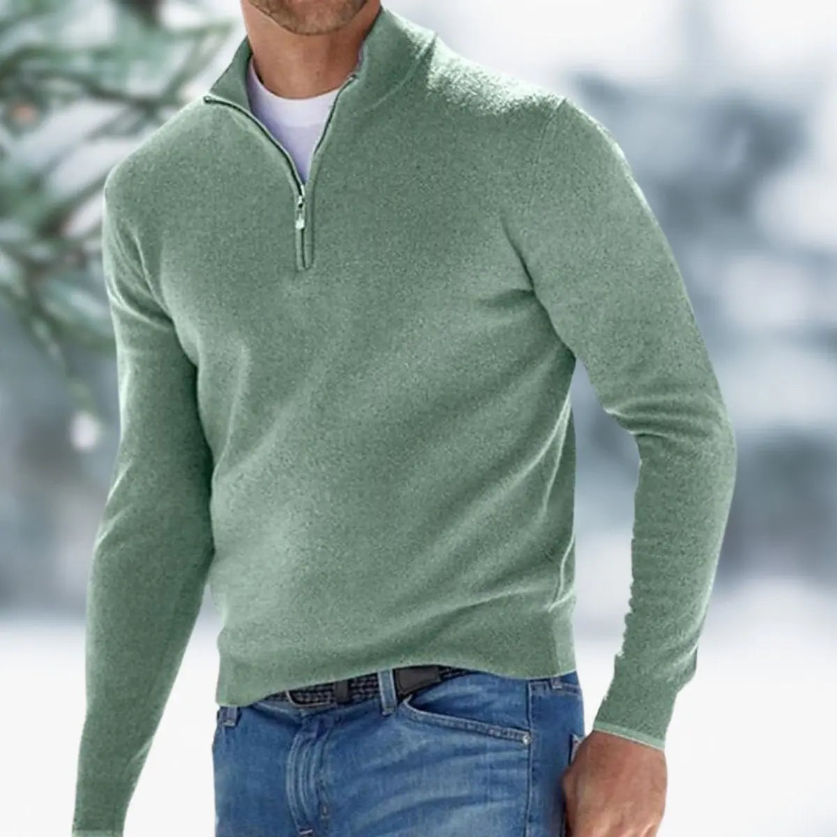 Men's Quarter-Zip Mens Knit Sweater Long Sleeve Pullover Jumper - Green