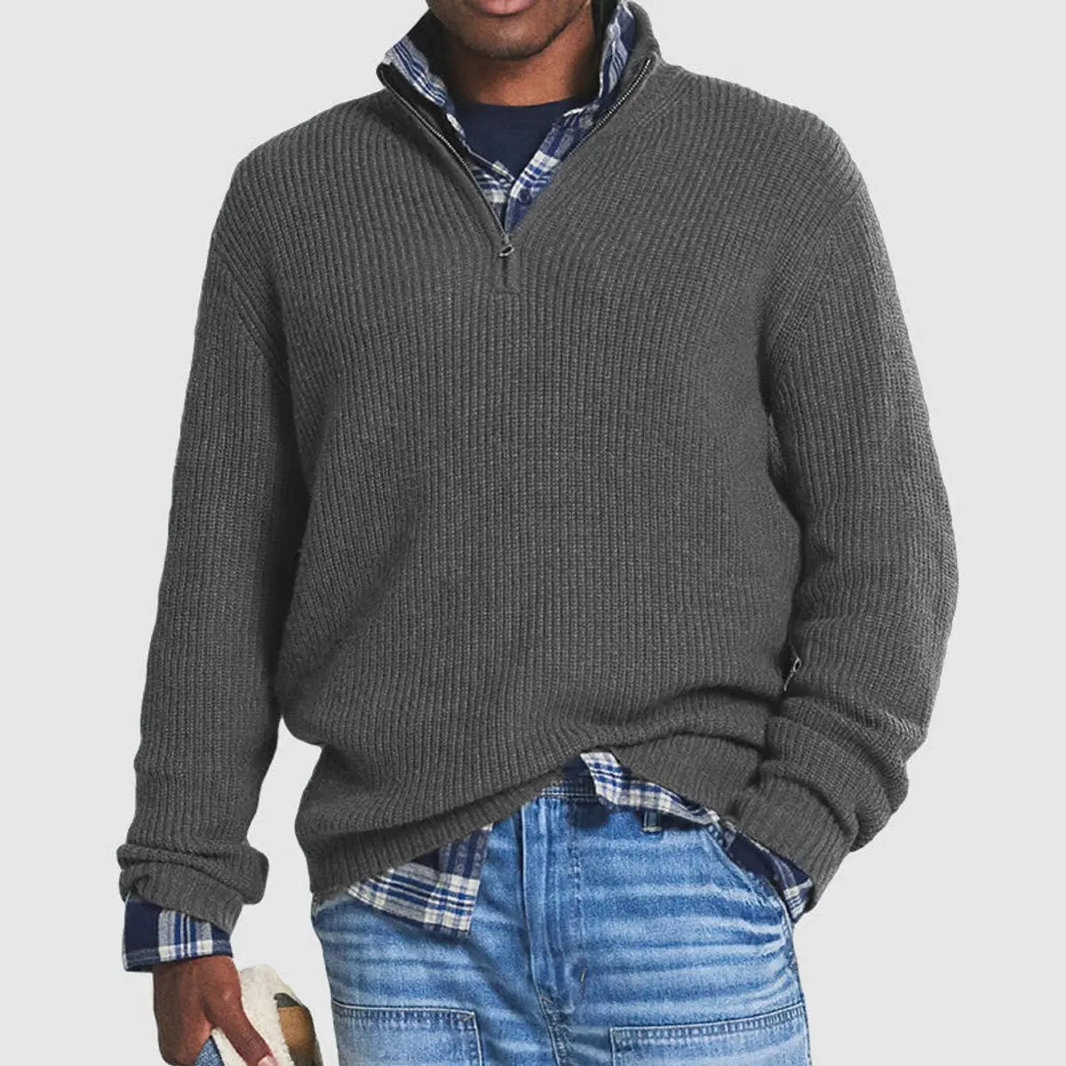 Men's Quarter-Zip Ribbed Knit Sweater Pullover Jumper - Grey