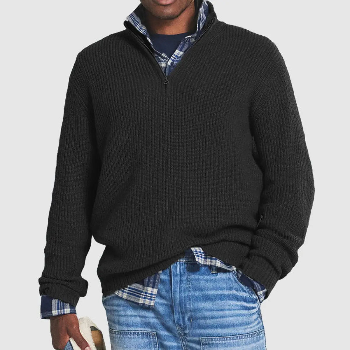 Men's Quarter-Zip Ribbed Knit Sweater Pullover Jumper - Black