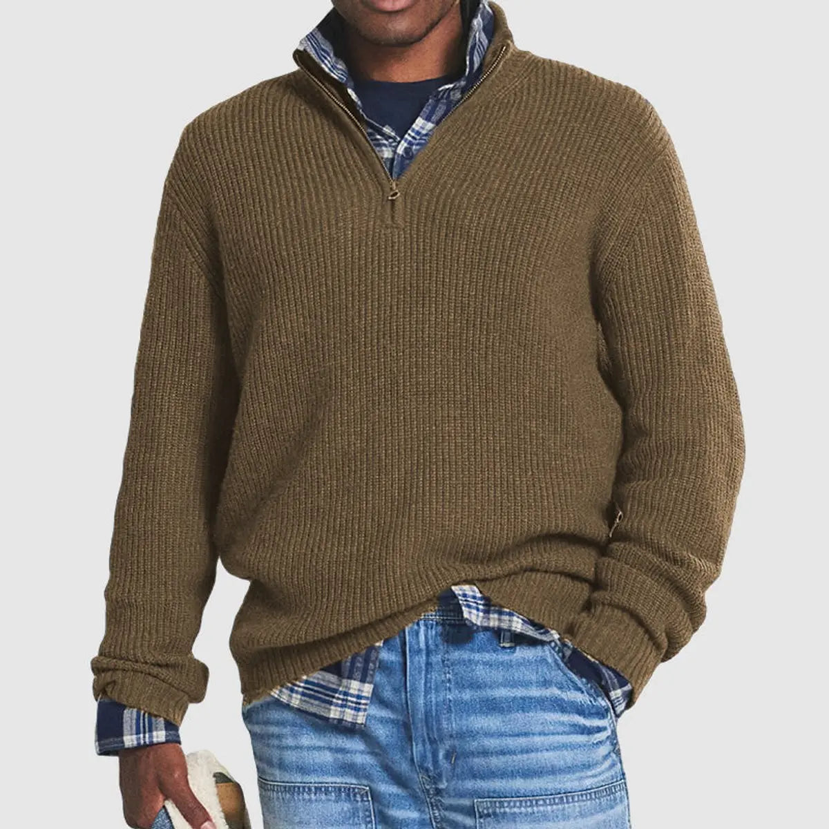 Men's Quarter-Zip Ribbed Knit Sweater Pullover Jumper - Brown