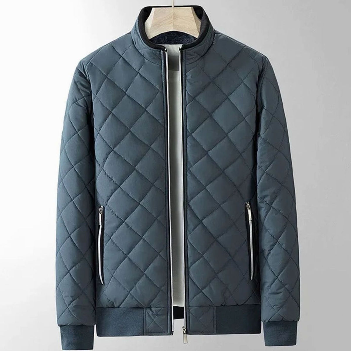 Men's Quilted Diamond-Stitch Zip-Up Bomber Jacket - Grey