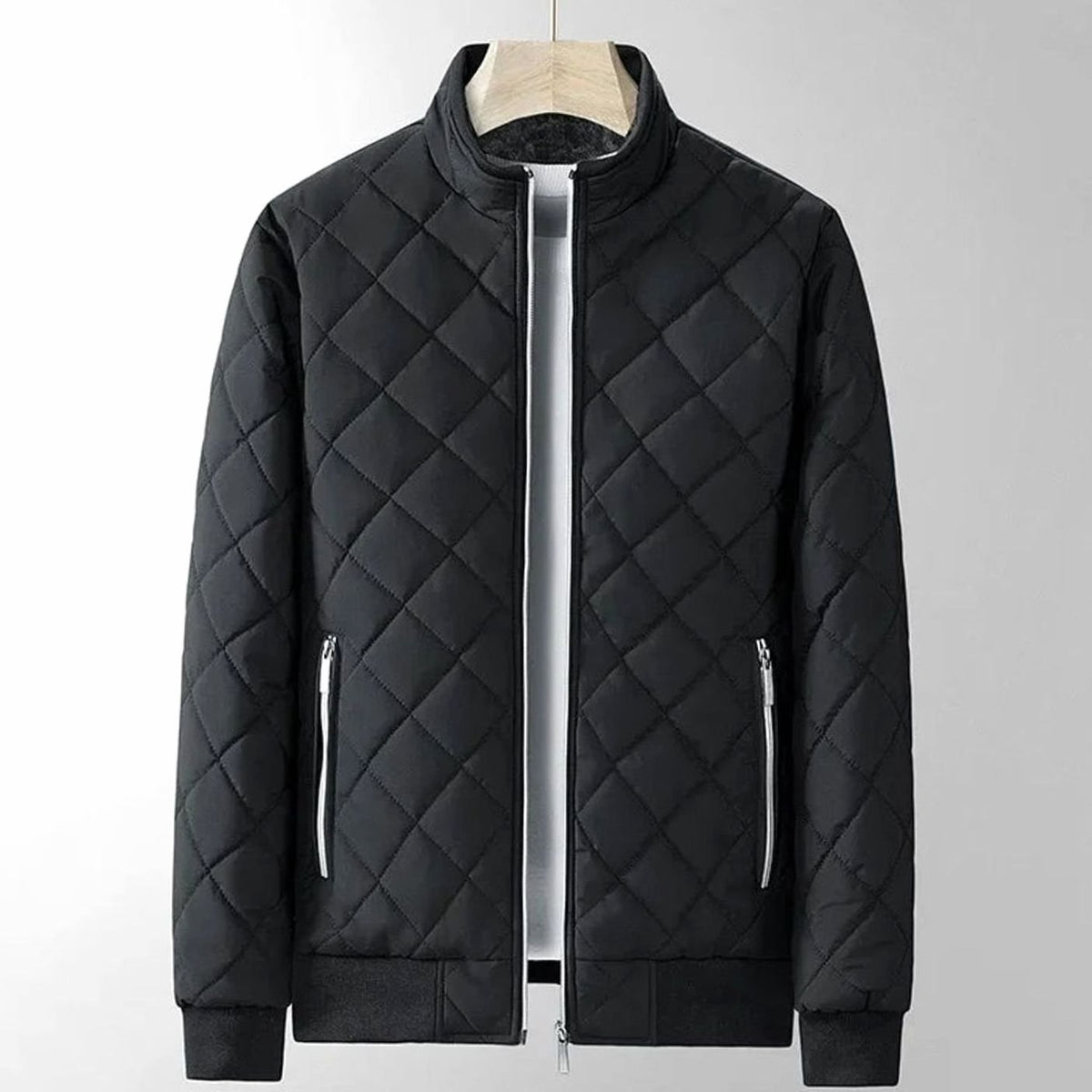 Men's Quilted Diamond-Stitch Zip-Up Bomber Jacket - Black