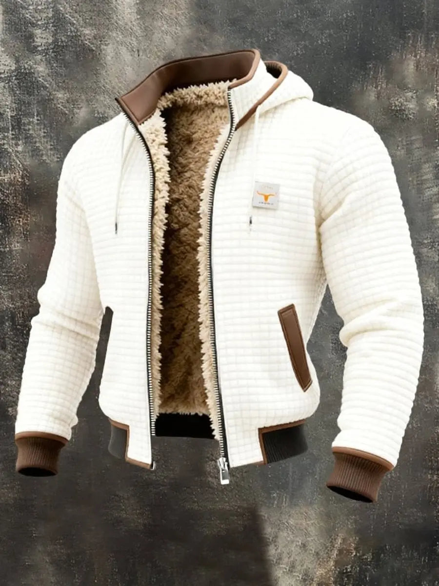 Mens Quilted Jacket Fleece Lined Hooded Zip-Up Winter Coat - White