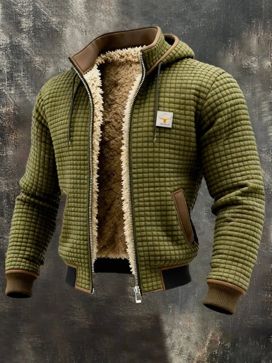 Mens Quilted Jacket Fleece Lined Hooded Zip-Up Winter Coat - Olive Green