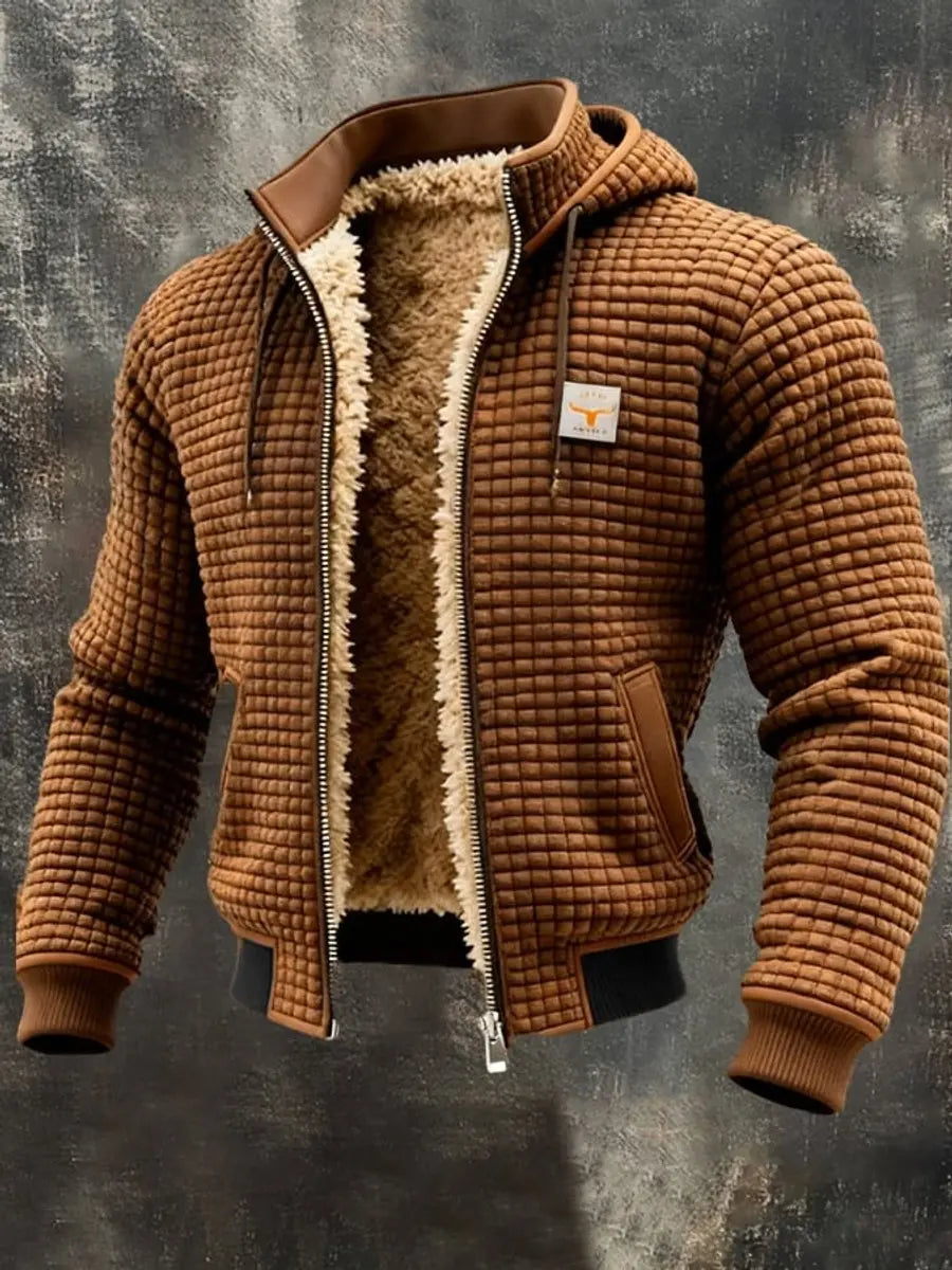 Mens Quilted Jacket Fleece Lined Hooded Zip-Up Winter Coat - Brown