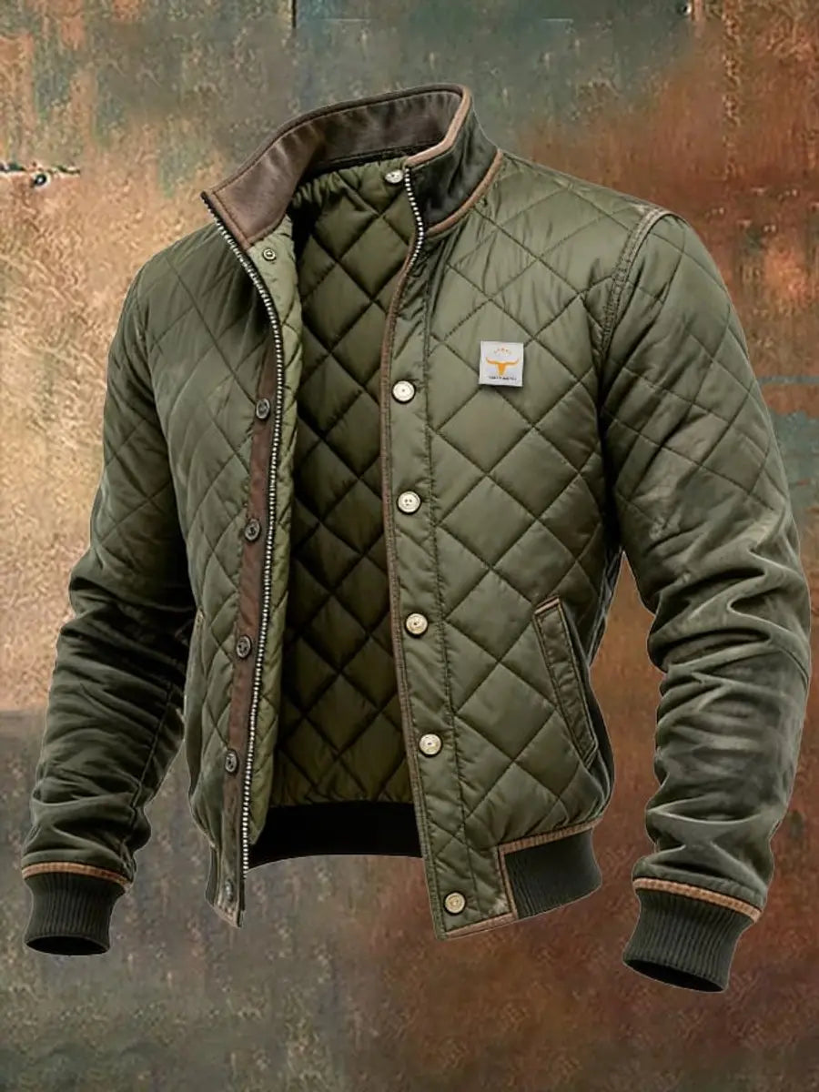 Men's Quilted Jacket Insulated Bomber Stand Collar Winter Coat - Green