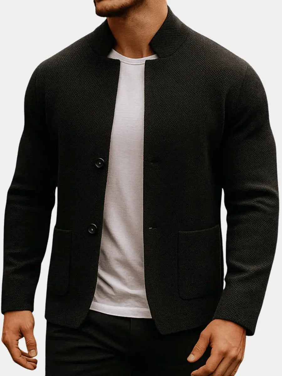 Men's Quilted Jacket Knit Texture Mandarin Collar Button Blazer