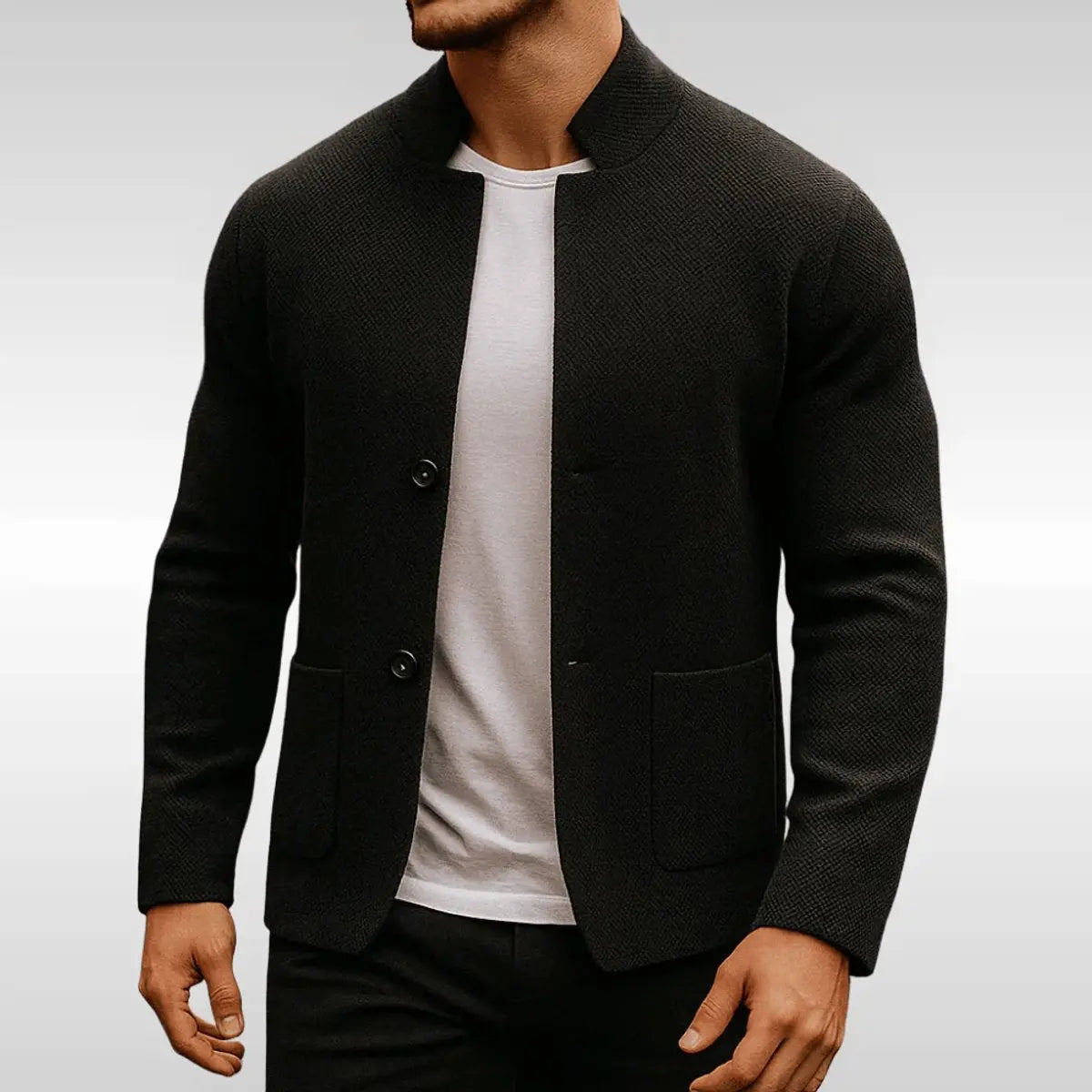 Men's Quilted Jacket Knit Texture Mandarin Collar Button Blazer - Black