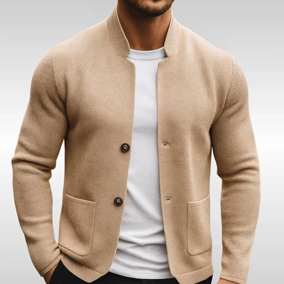 Men's Quilted Jacket Knit Texture Mandarin Collar Button Blazer - Beige