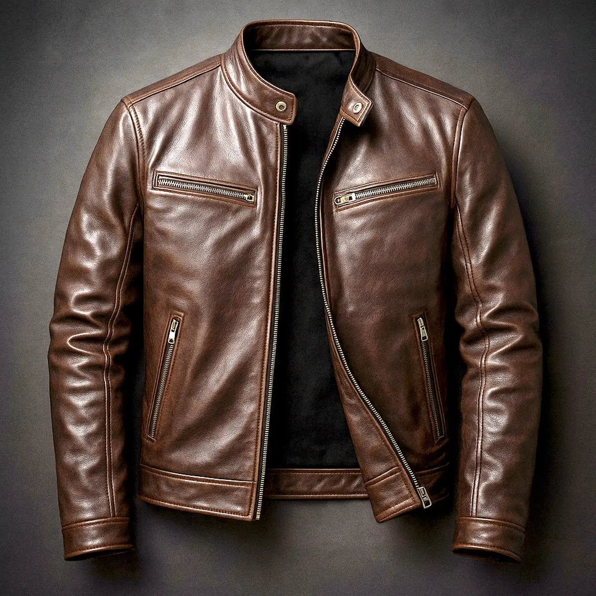 Mens Quilted Jacket Vintage Biker Leather Look Zip-Up Coat - Cigar Brown