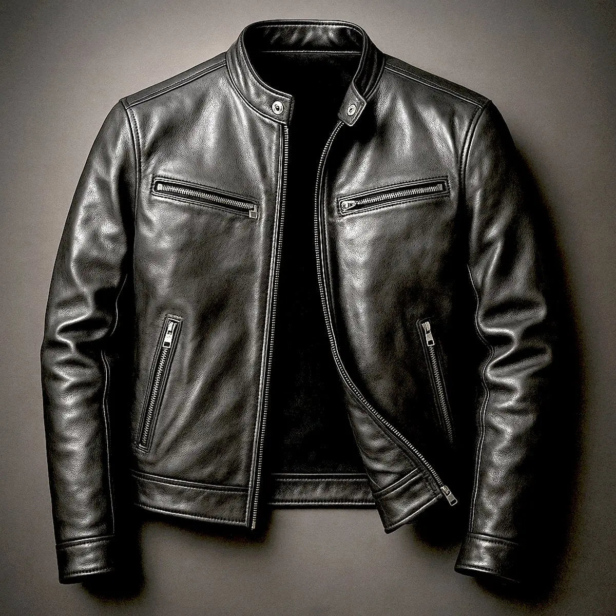 Mens Quilted Jacket Vintage Biker Leather Look Zip-Up Coat - Biker Black