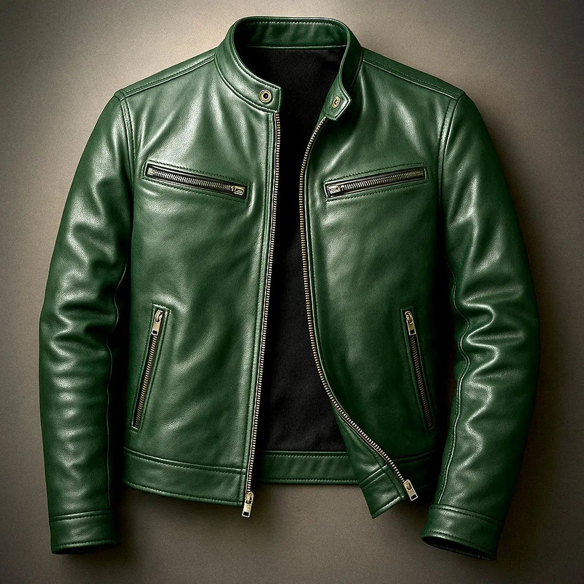 Mens Quilted Jacket Vintage Biker Leather Look Zip-Up Coat - Forest Green