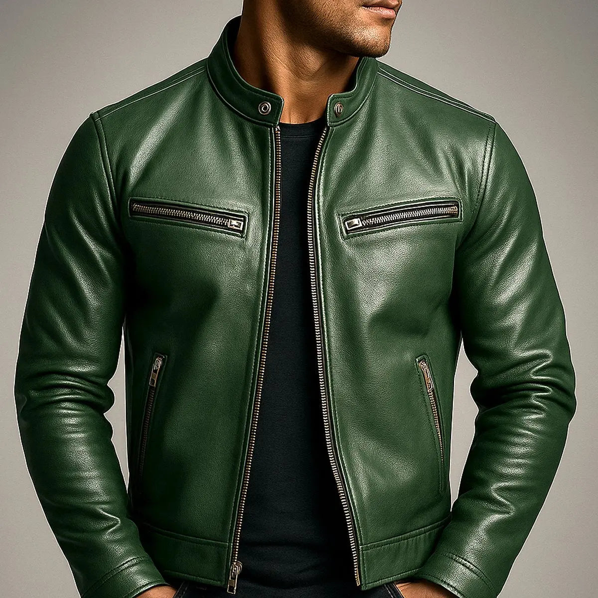 Mens Quilted Jacket Vintage Biker Leather Look Zip-Up Coat