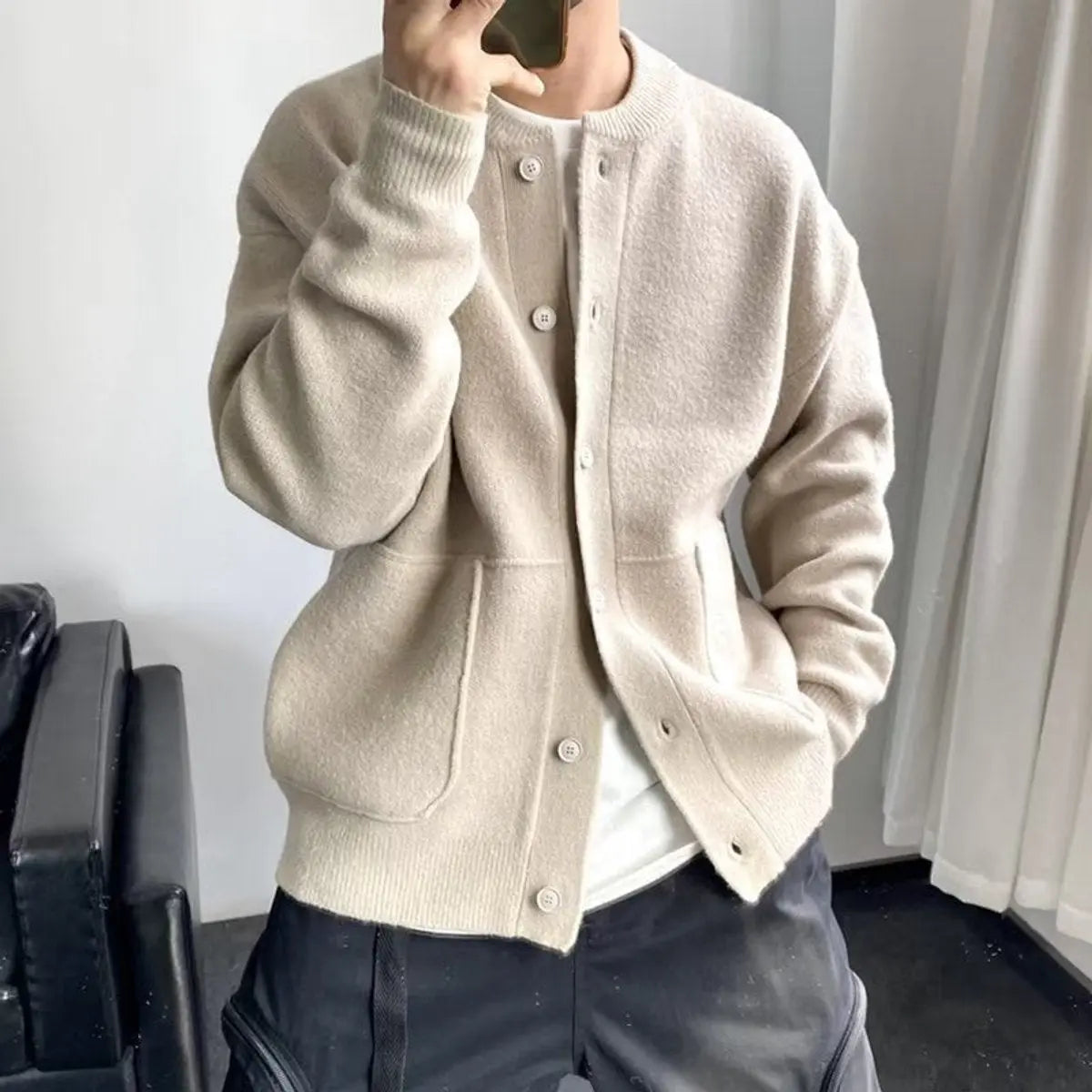 Mens Relaxed Fit Button-Up Knit Cardigan - Beige