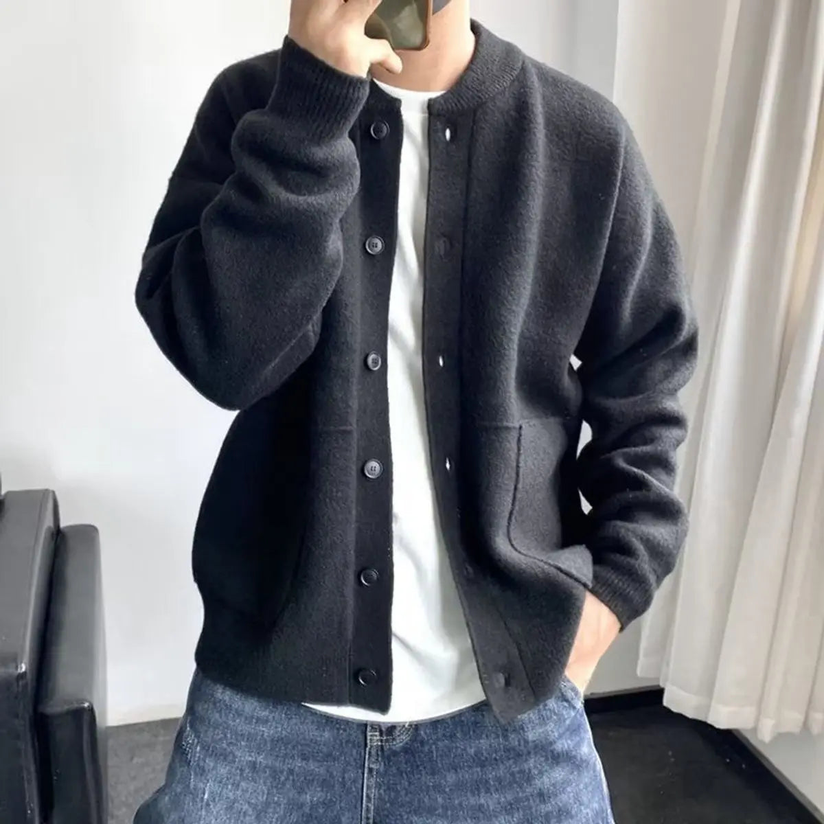 Mens Relaxed Fit Button-Up Knit Cardigan - Black