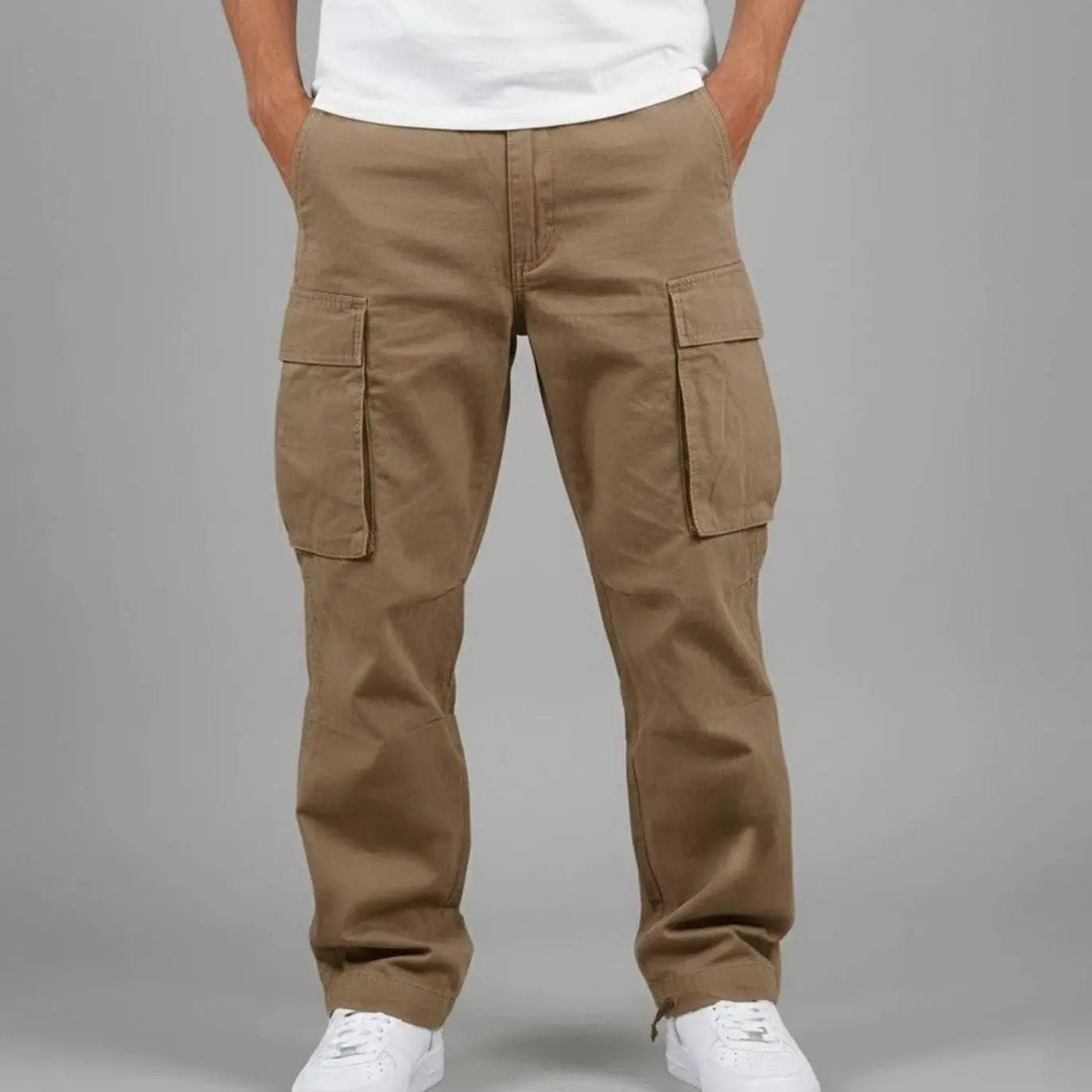 Men's Relaxed Fit Cargo Pants Multi-Pocket Streetwear Trousers - Brown