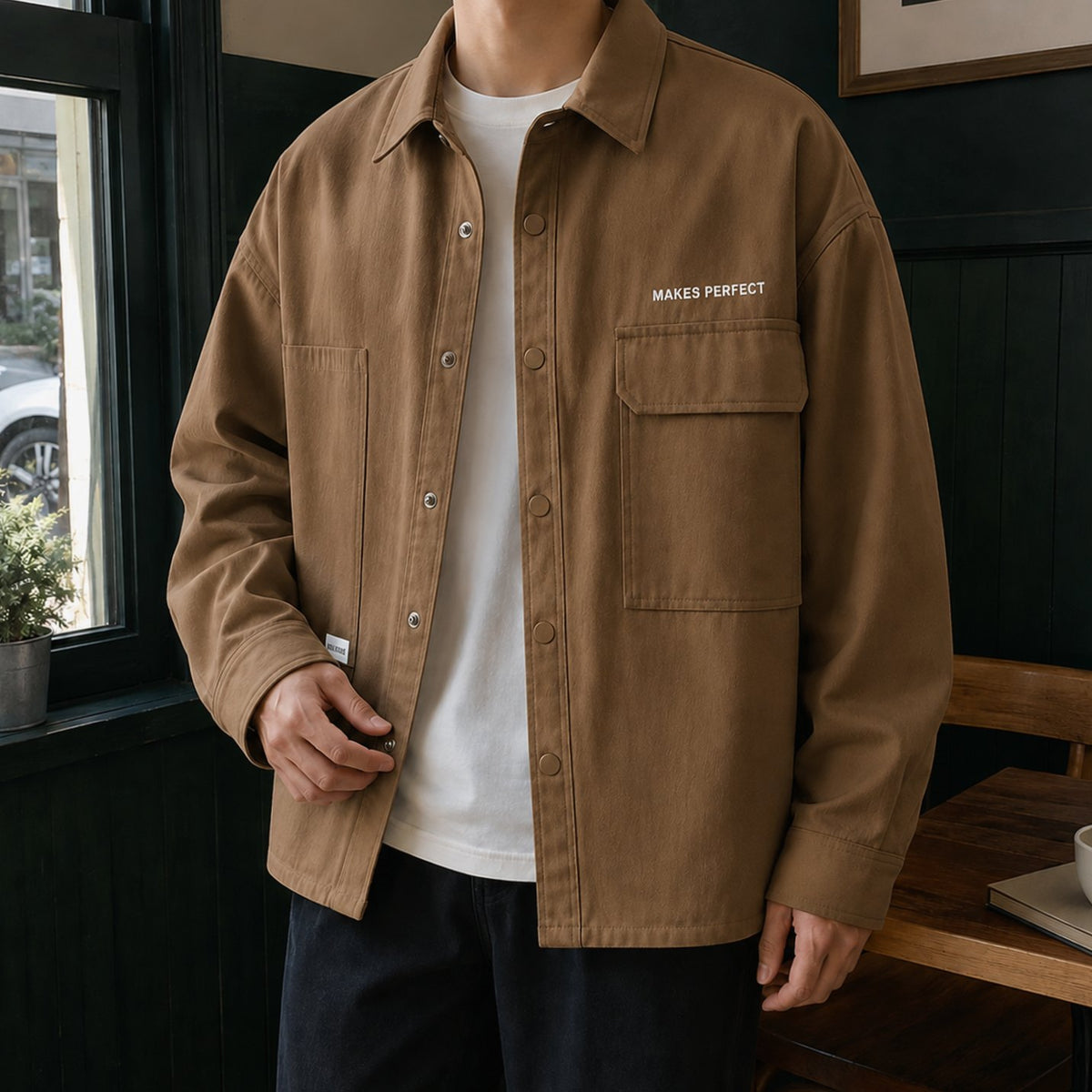 Men's Relaxed-Fit Cotton-Blend Snap-Button Utility Jacket - Brown