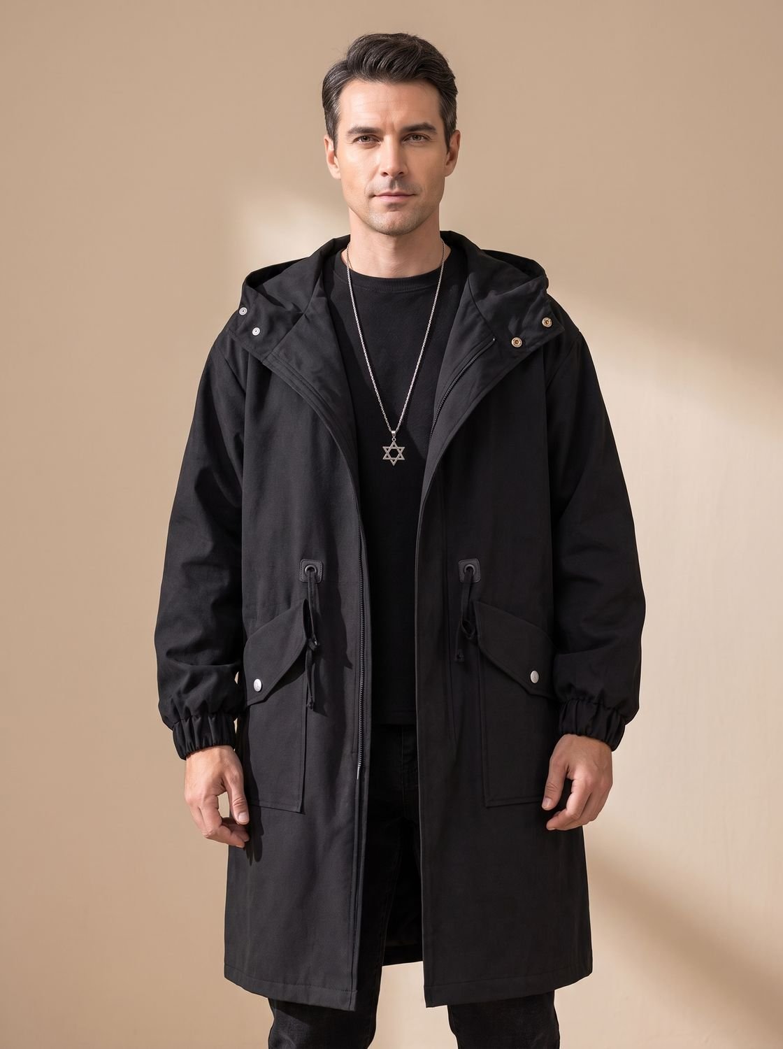 Men's Relaxed-Fit Drawstring Hooded Overcoat - Black