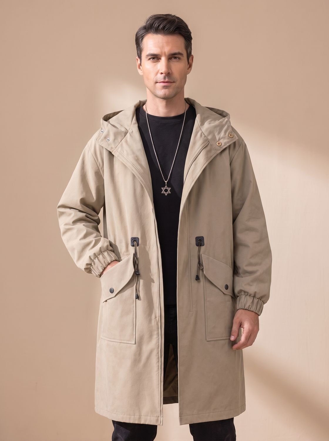 Men's Relaxed-Fit Drawstring Hooded Overcoat - Khaki