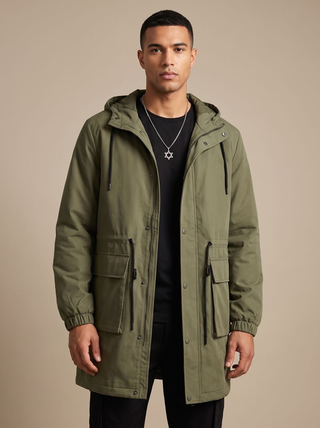 Men's Relaxed-Fit Drawstring Hooded Overcoat - Green