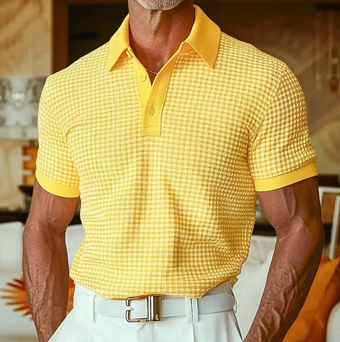 Men's Relaxed-Fit Houndstooth Waffle-Knit Collared Polo Shirt - Yellow