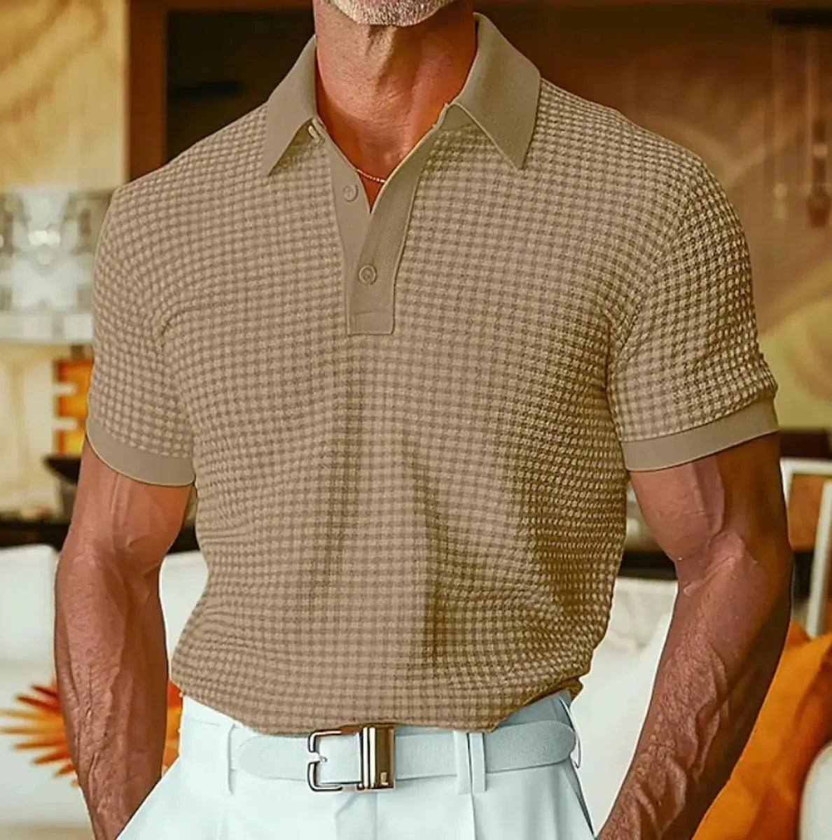 Men's Relaxed-Fit Houndstooth Waffle-Knit Collared Polo Shirt - Brown
