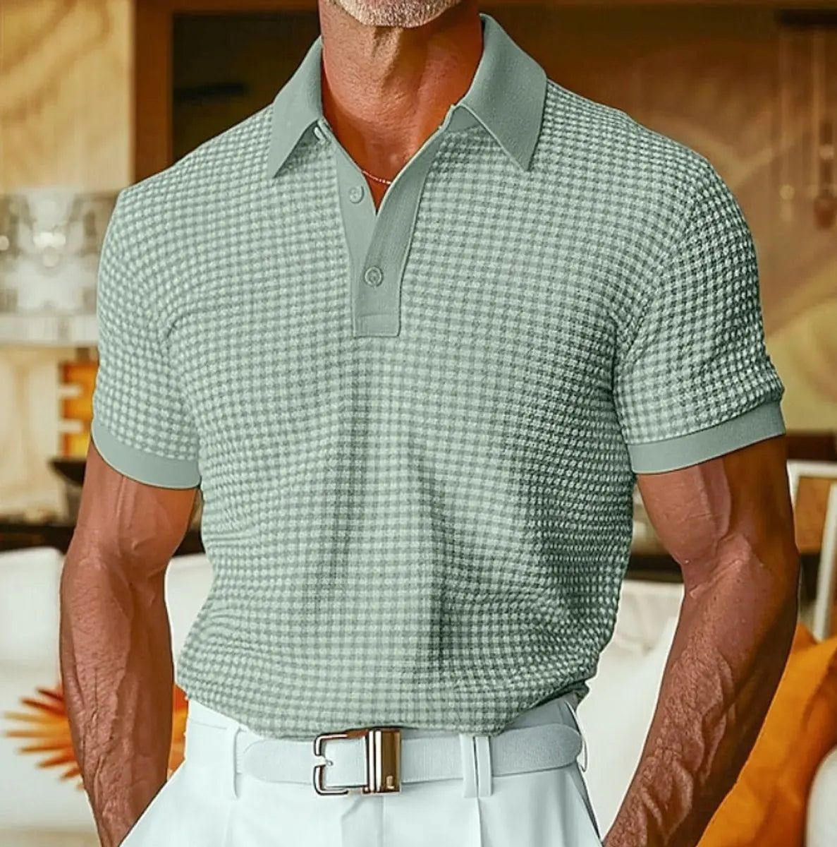 Men's Relaxed-Fit Houndstooth Waffle-Knit Collared Polo Shirt - Green