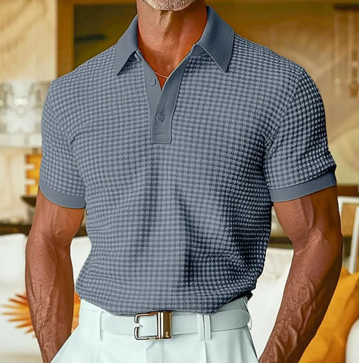 Men's Relaxed-Fit Houndstooth Waffle-Knit Collared Polo Shirt - Navy Blue