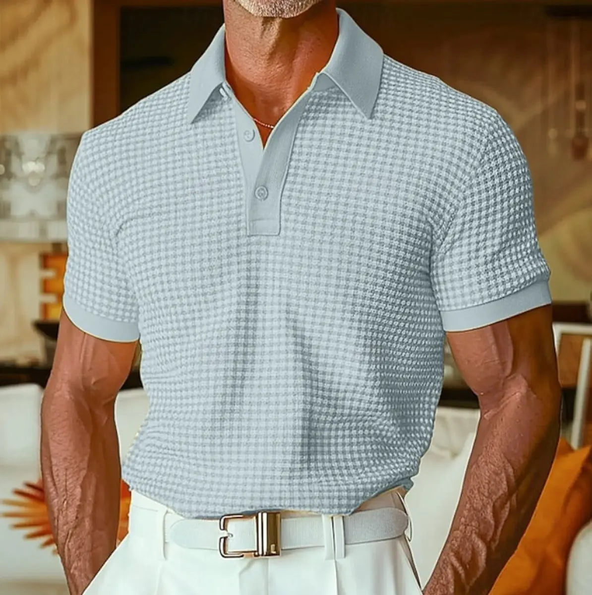 Men's Relaxed-Fit Houndstooth Waffle-Knit Collared Polo Shirt - Light Blue