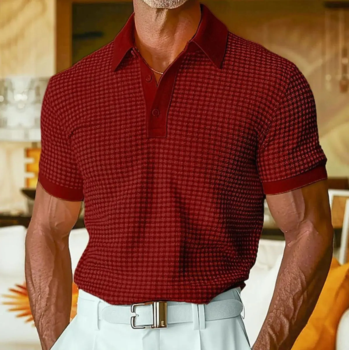 Men's Relaxed-Fit Houndstooth Waffle-Knit Collared Polo Shirt - Red
