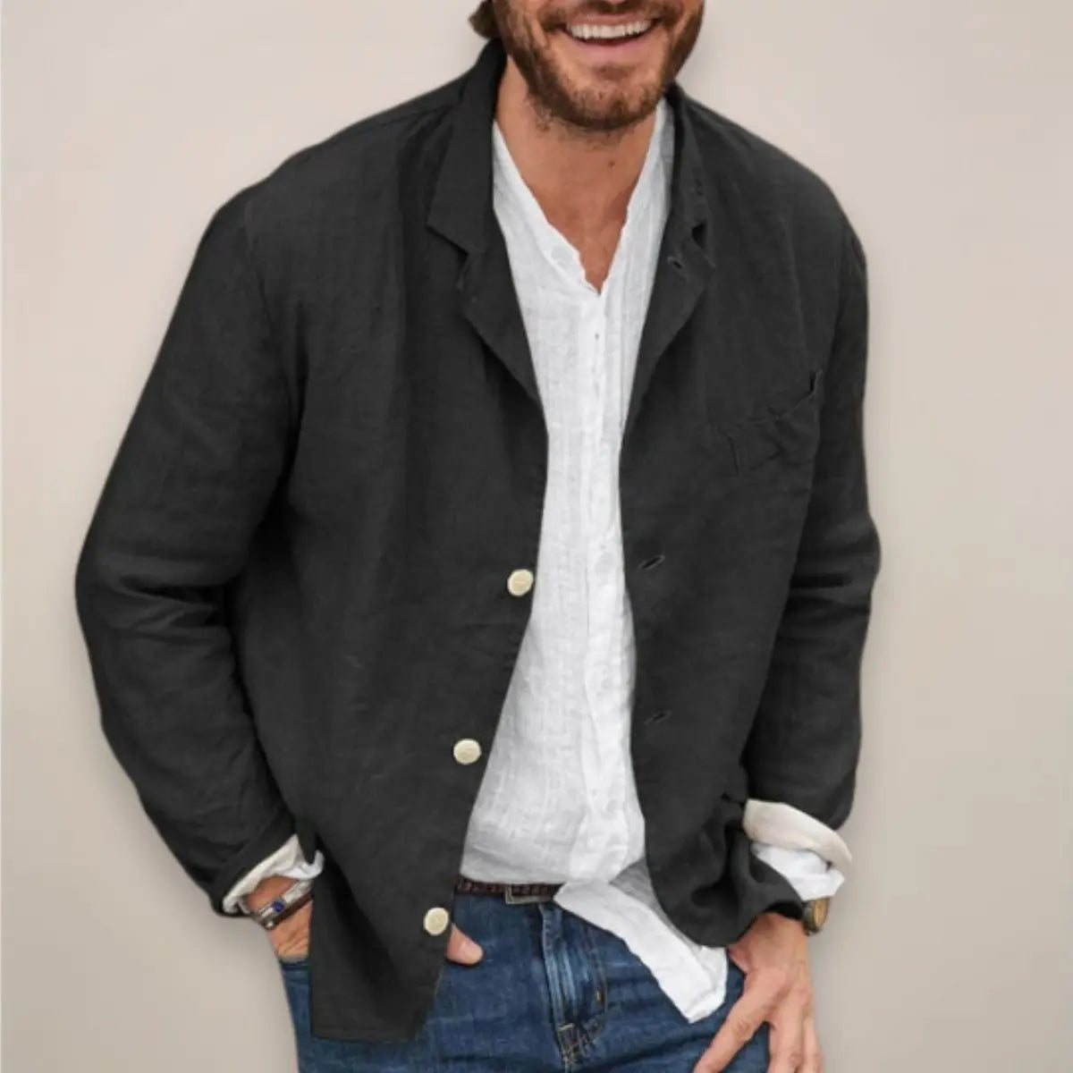 Men's Relaxed-Fit Lightweight Linen Summer Blazer Jacket - Black