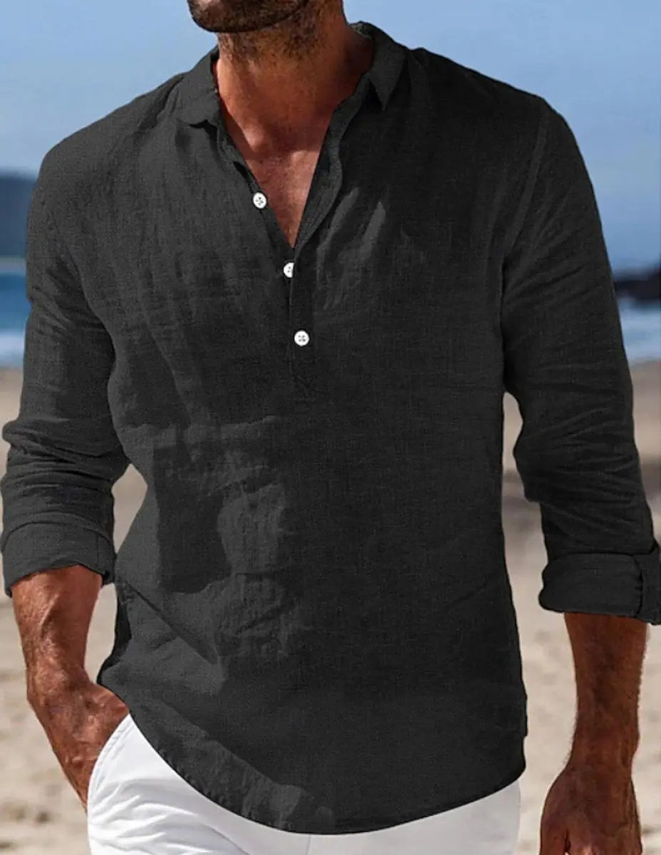 Men's Relaxed-Fit Linen Long-Sleeve Henley Shirt - Black